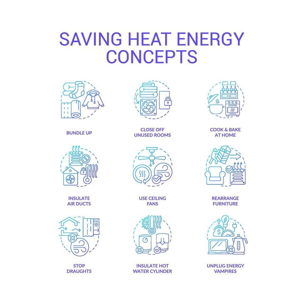 consumindo calor energia Menos azul gradiente conceito ícones definir. Salve  eletricidade. preparar casa para inverno idéia fino linha cor ilustrações. isolado símbolos vetor