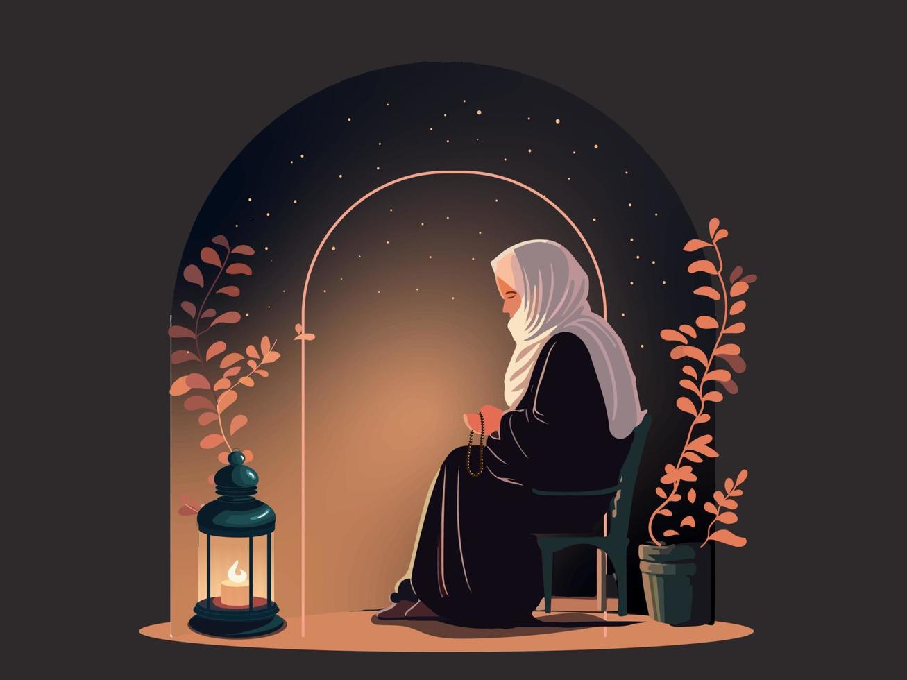 muçulmano mulher personagem Rezar com tasbih às cadeira, plantar Panela e iluminado árabe luminária em Sombrio fundo para islâmico festival conceito. vetor