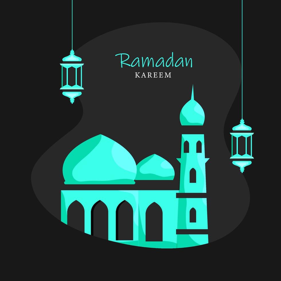 islâmico piedosos mês do Ramadã kareem com mesquita e suspensão lanternas em cinzento fundo. vetor