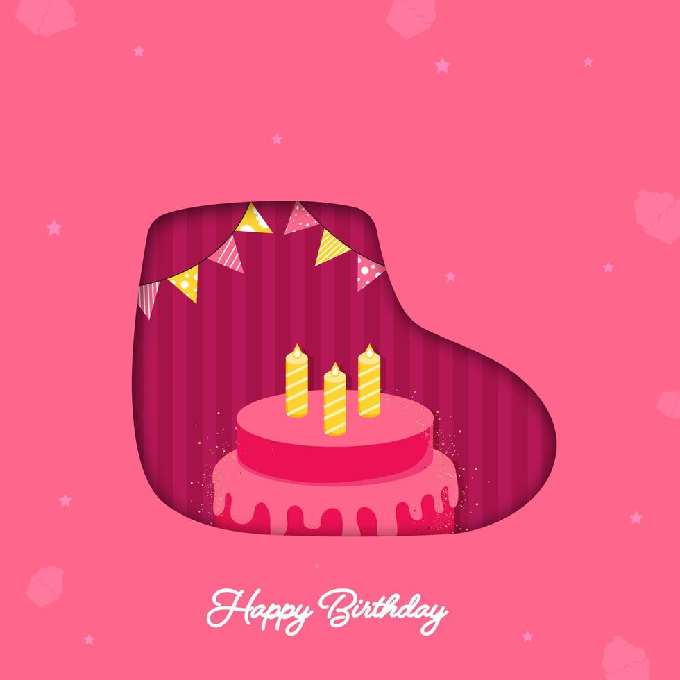 feliz aniversário desejos cumprimento cartão com delicioso bolo, queimando velas e estamenha bandeiras em Rosa e abstrato fundo. vetor