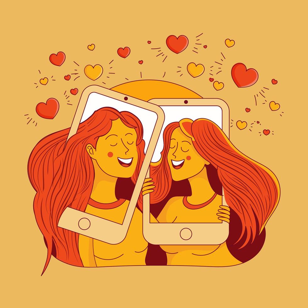 alegre jovem meninas ou lésbica casal personagem vídeo chamando cada de outros com Smartphone. feliz dia dos namorados dia conceito. vetor