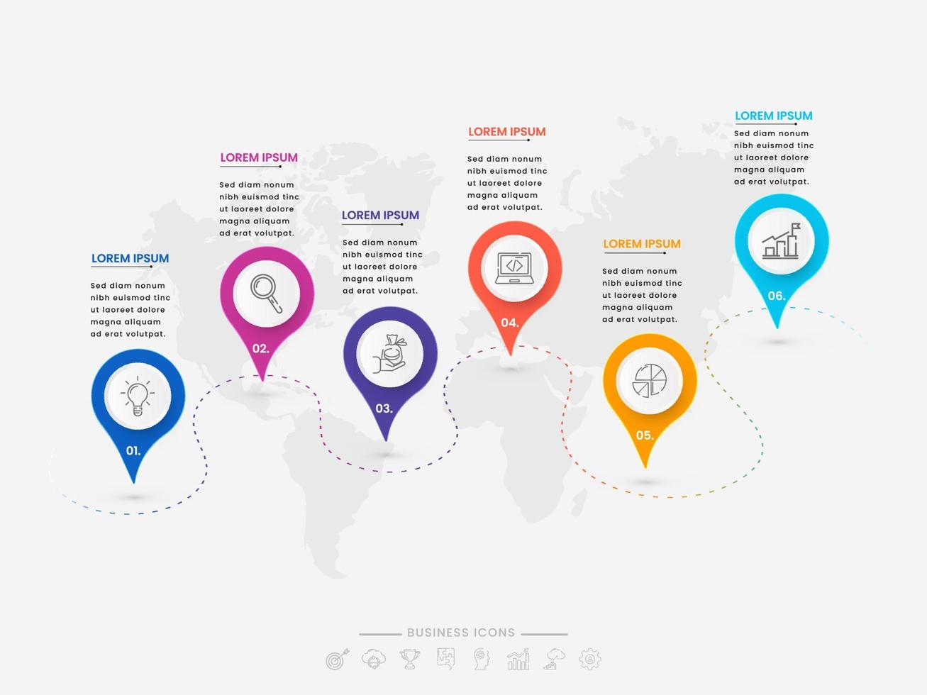 navegação localização Power Point modelo com o negócio ícones e 6 opções em mundo mapa. vetor