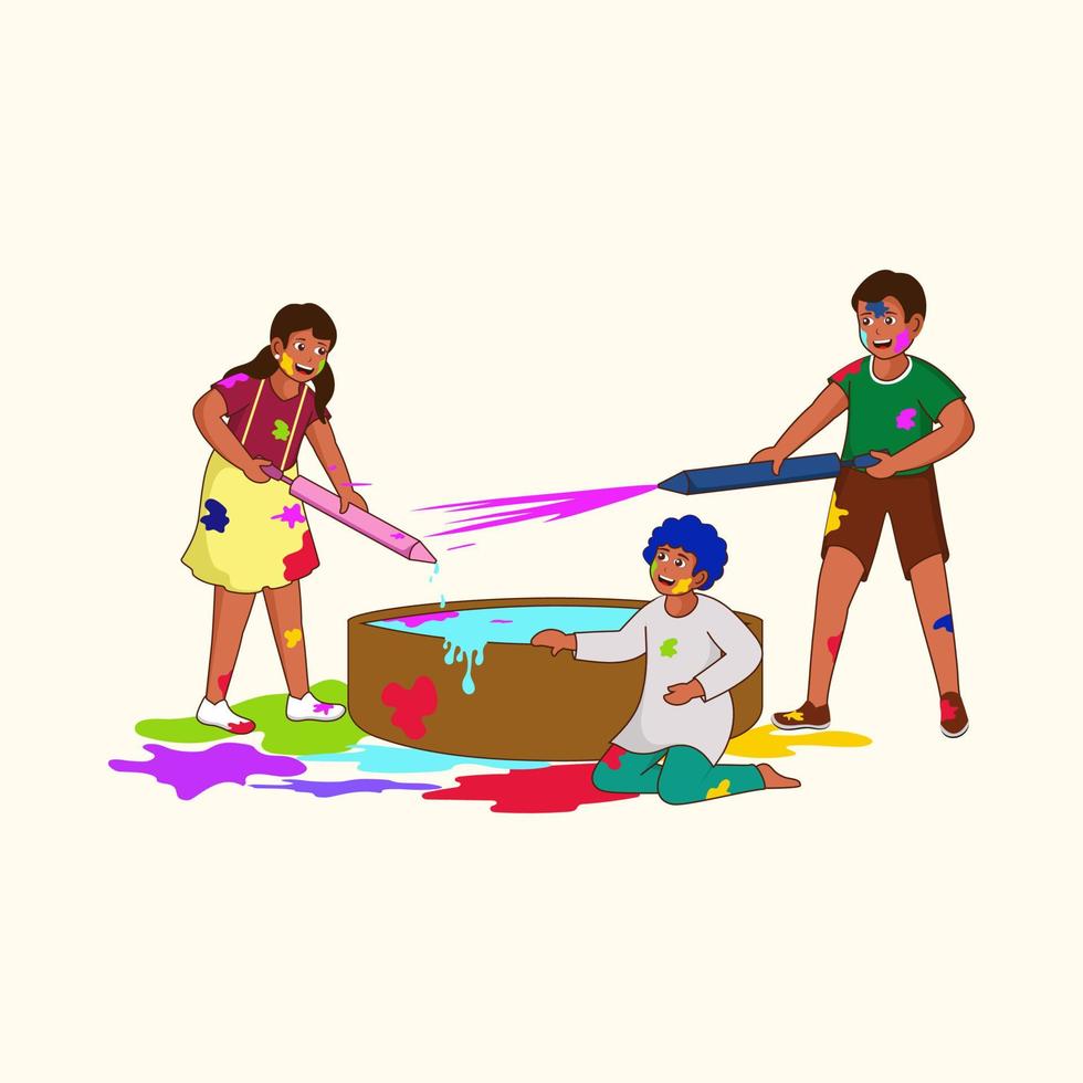 ilustração do jovem Rapazes e menina personagem jogando holi a partir de pichkari água arma de fogo com cor banheira para feliz holi conceito. vetor