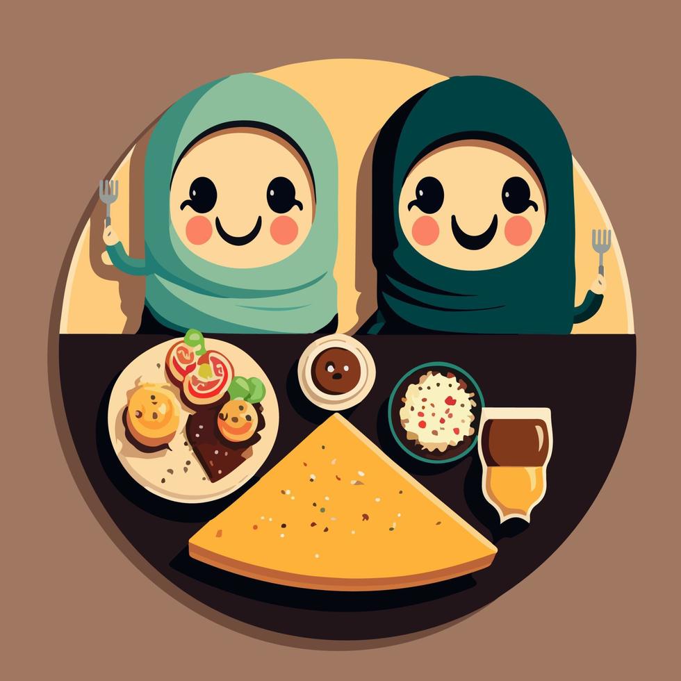 muçulmano meninas personagens desfrutando com delicioso alimentos em Castanho fundo. vetor