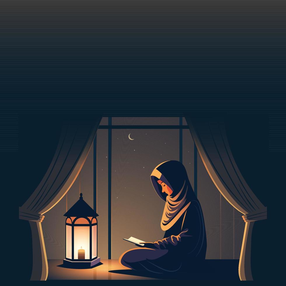 ilustração do muçulmano jovem mulher lendo Alcorão em chão com queimando lanterna dentro frente do malha janela às crescente lua noite. vetor