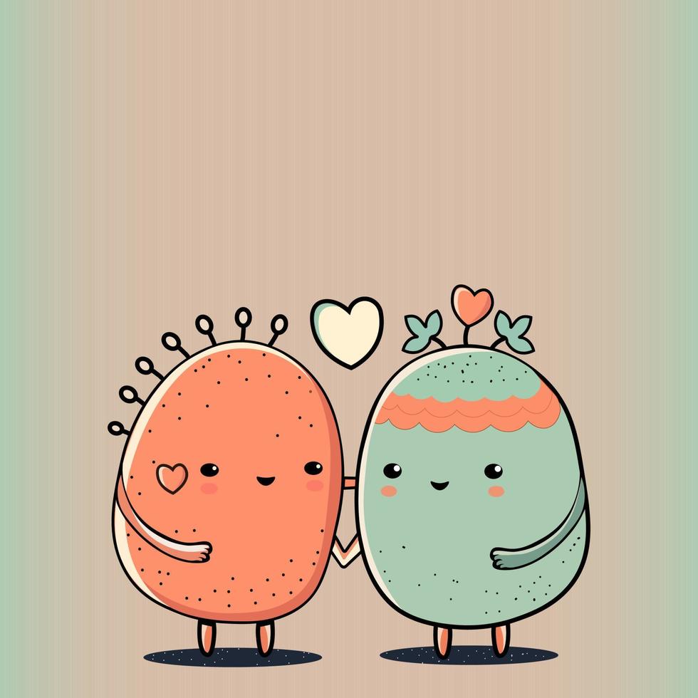 fofa mascote batata casal personagem com corações em pastel verde e vermelho fundo. amor ou dia dos namorados dia conceito. vetor