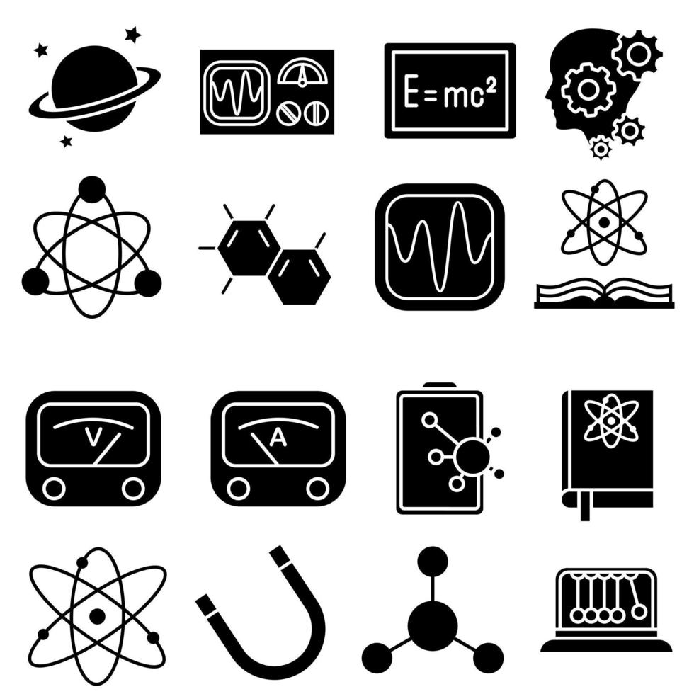 física ícone vetor definir. estudos ilustração placa coleção. Ciência símbolo ou logotipo.
