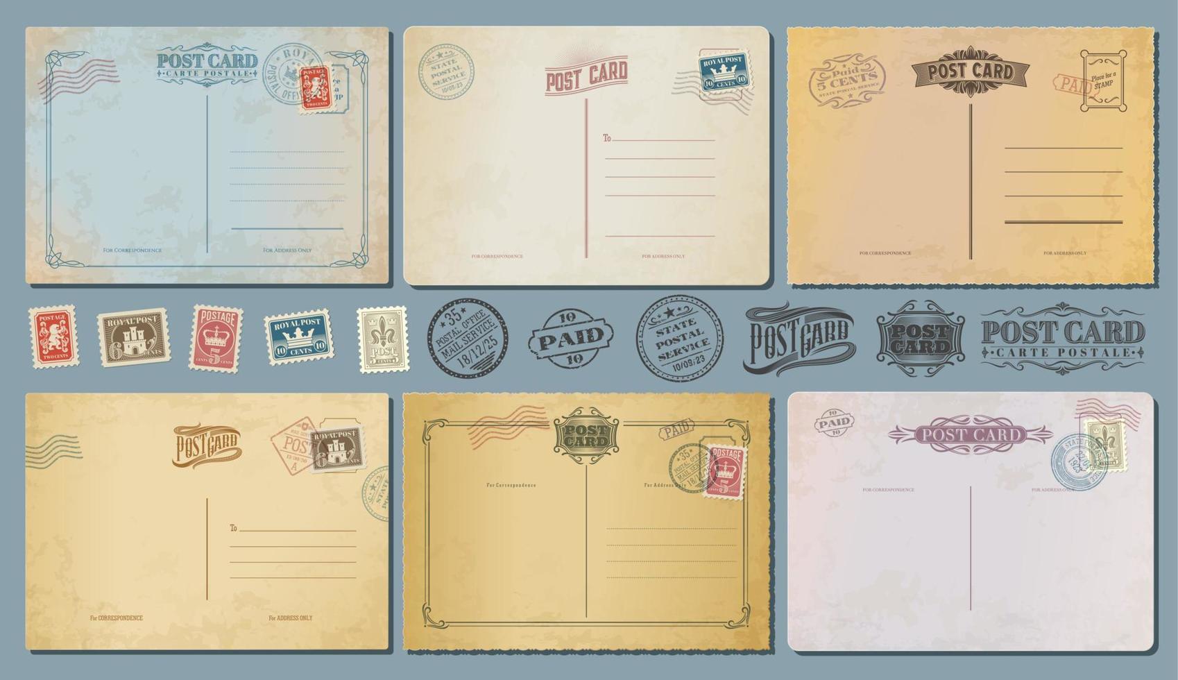 Antiguidade cartões postais, retro postagem selos, vintage vetor