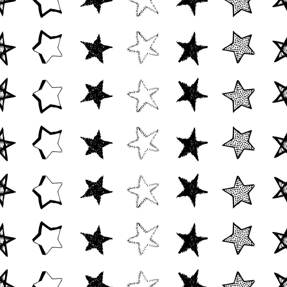 fundo sem emenda de estrelas doodle. estrelas desenhadas à mão negra sobre fundo branco. ilustração vetorial vetor