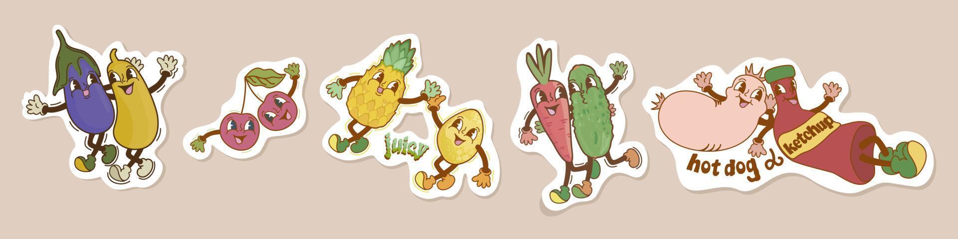 retro desenho animado coleção. conjunto do quadrinho personagens. fofa legumes e frutas. vetor