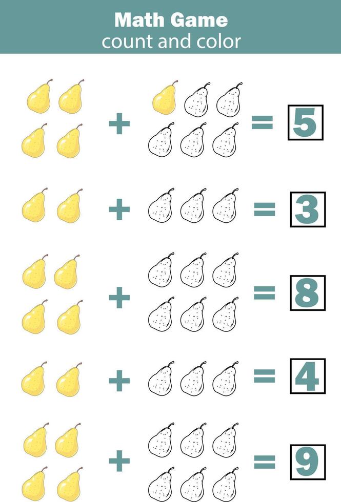 jogo educacional de matemática para crianças. contando equações. planilha de adição vetor