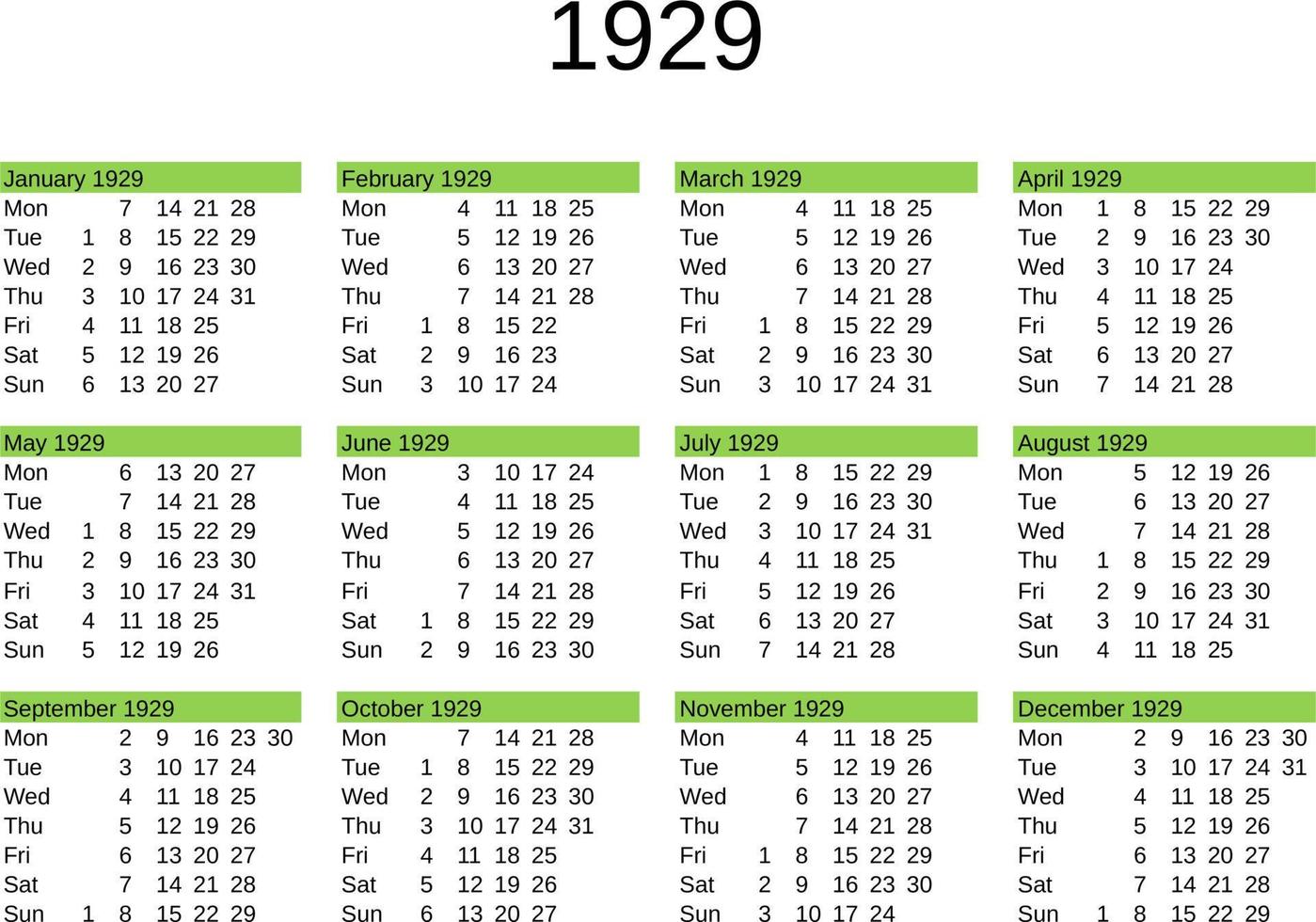 ano 1929 calendário vetor