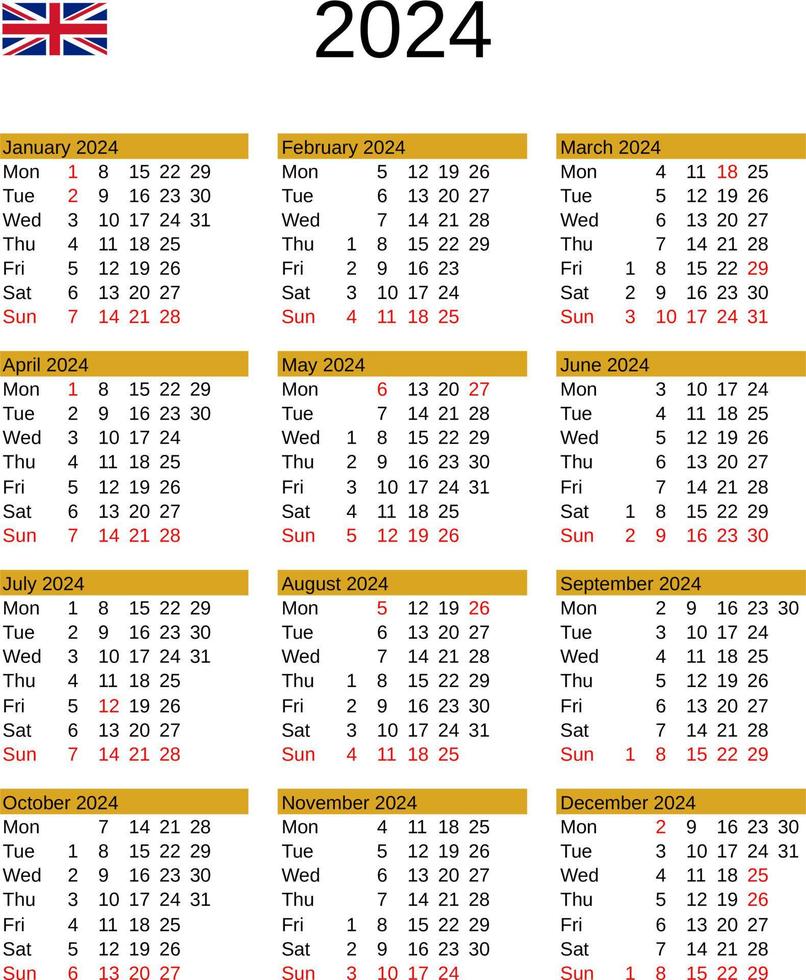 ano 2024 calendário dentro Inglês com Unidos reino feriados vetor