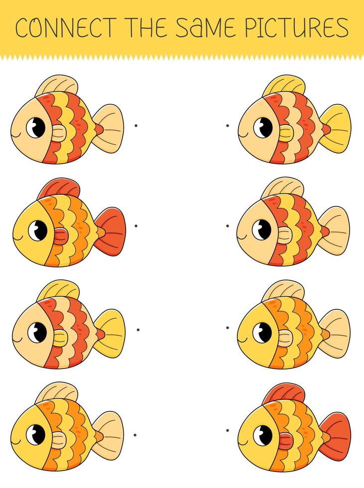 conectar a mesmo As fotos jogos com desenho animado peixinho. crianças jogos com fofa peixe vetor