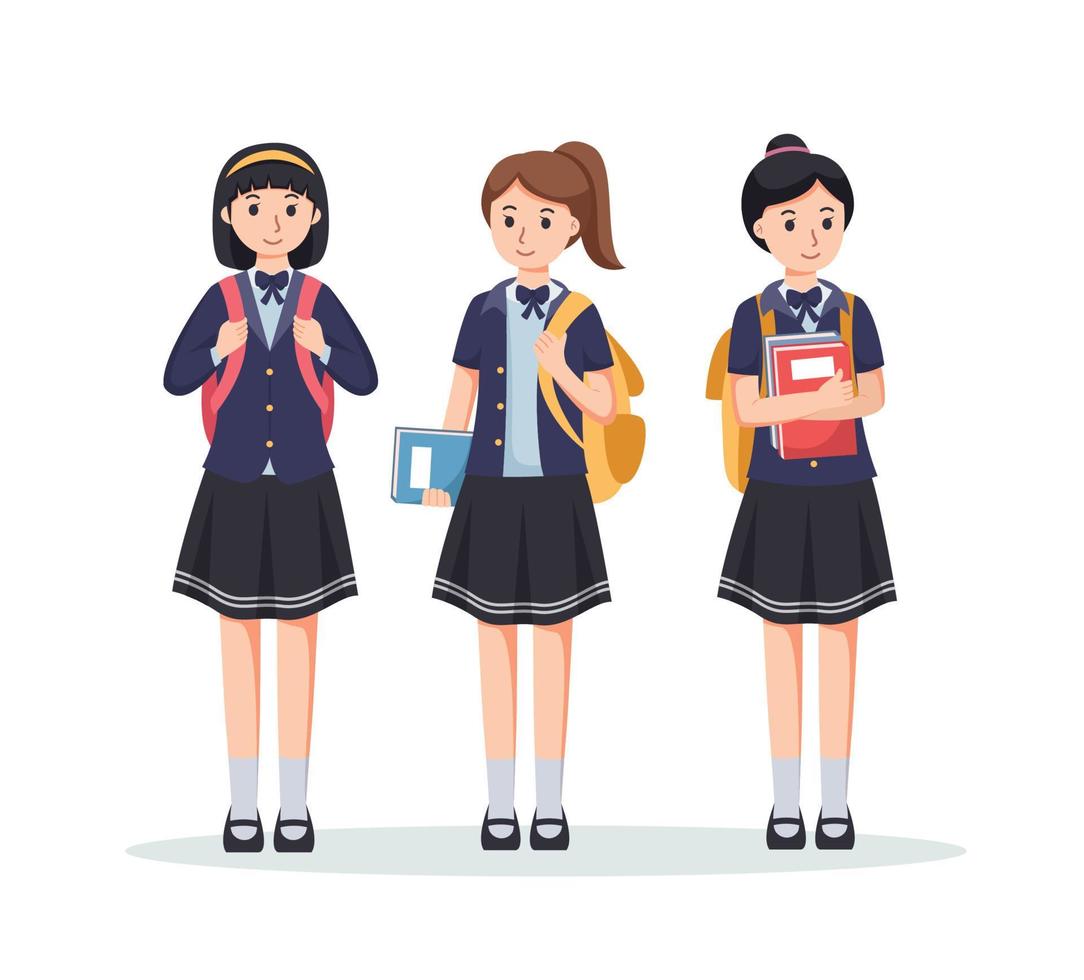 personagem meninas Alto escola aluna dentro escola uniforme vetor