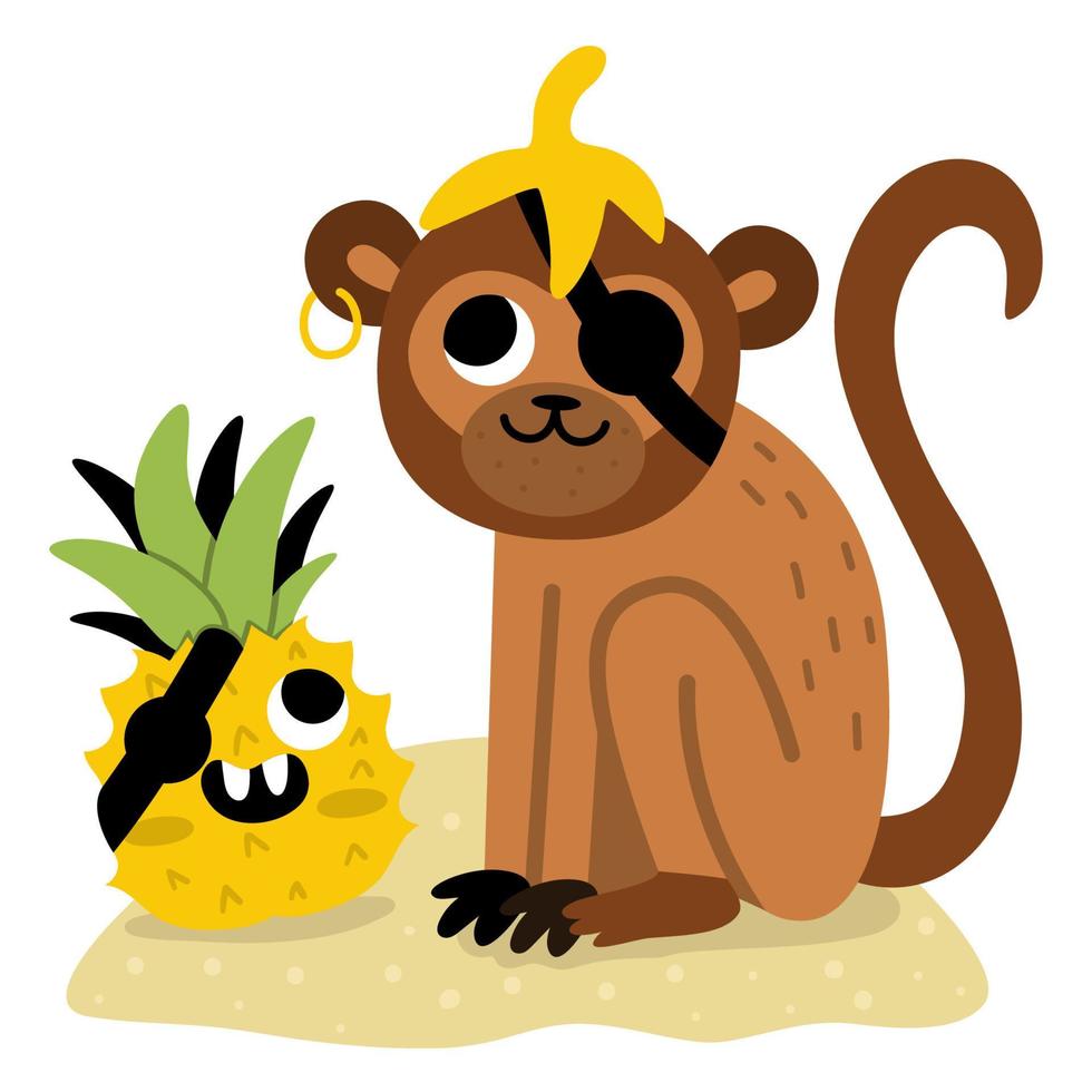 vetor pirata macaco com sorridente abacaxi. fofa 1 olho animal e fruta ilustração. Tesouro ilha caçador com banana pele. engraçado pirata festa cena para crianças. trópico macaco cenário com olho fragmento
