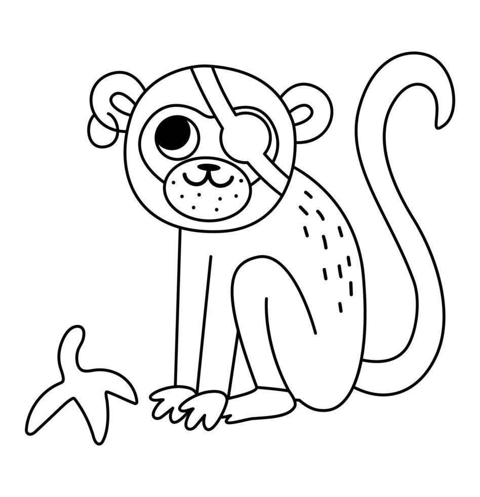 vetor Preto e branco pirata macaco ícone. fofa 1 olho animal ilustração. Tesouro ilha caçador com banana pele. engraçado esboço pirata festa elemento ou coloração página para crianças. trópico macaco cenário