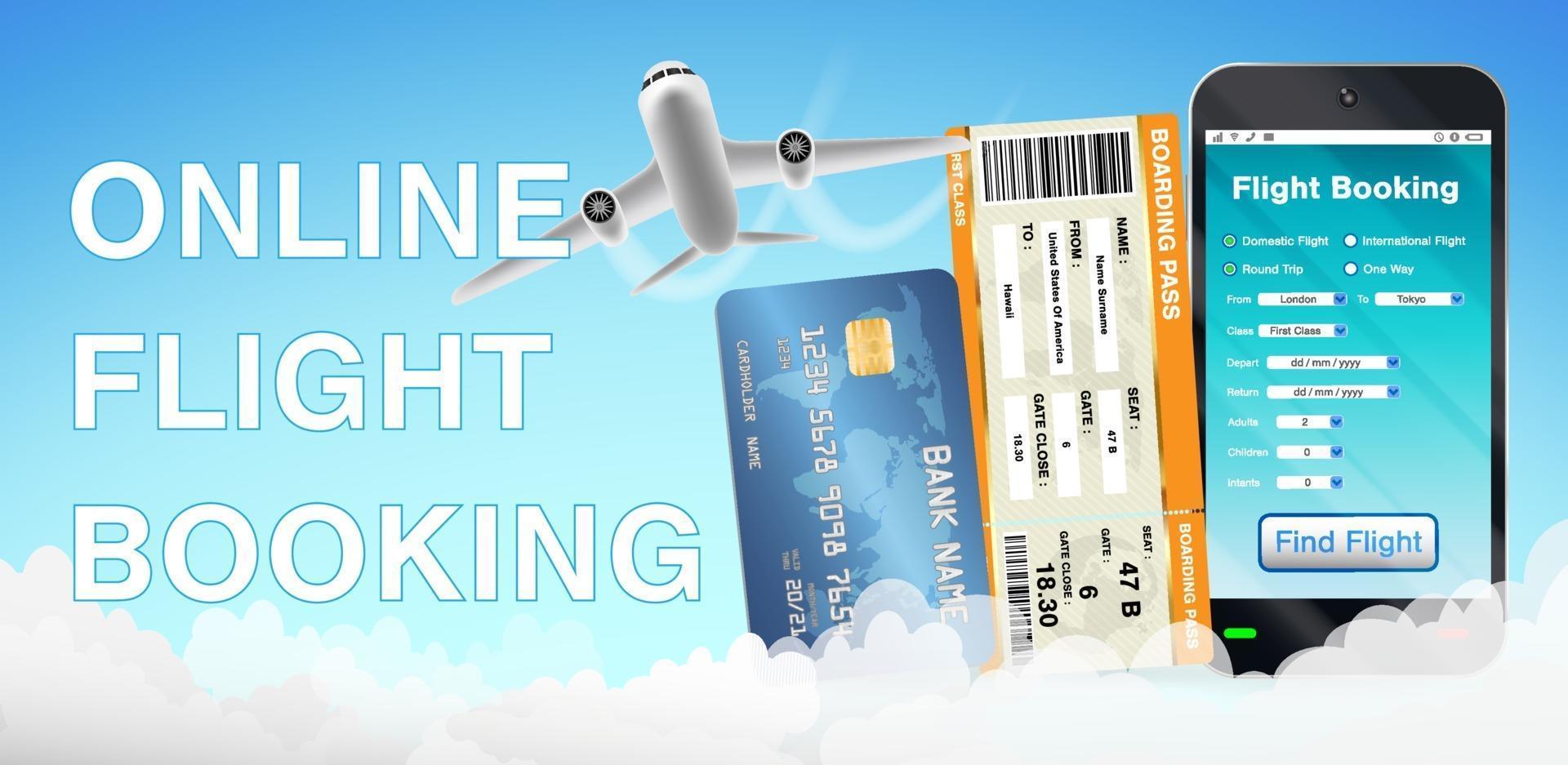 reserva de voos e cartão de crédito online em smartphone vetor