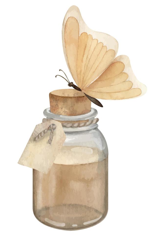 garrafa com borboleta. mão desenhado aguarela ilustração do vidro frasco com líquido aromático essencial óleo em isolado fundo. colorida desenhando do vintage jarra com para remédio ou spa Projeto vetor