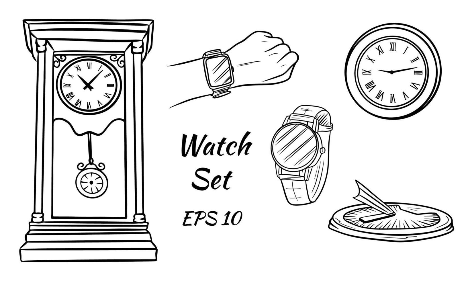 ilustração vetorial colorida. diferentes tipos de relógios. solar, parede, pulso. relógio antigo. conjunto de relógios de vetor. vetor