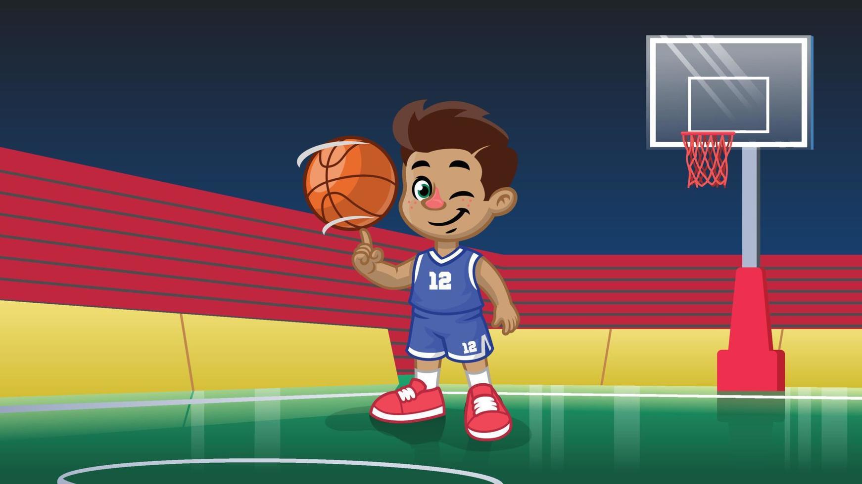 desenho animado criança basquetebol jogador dentro a estádio vetor