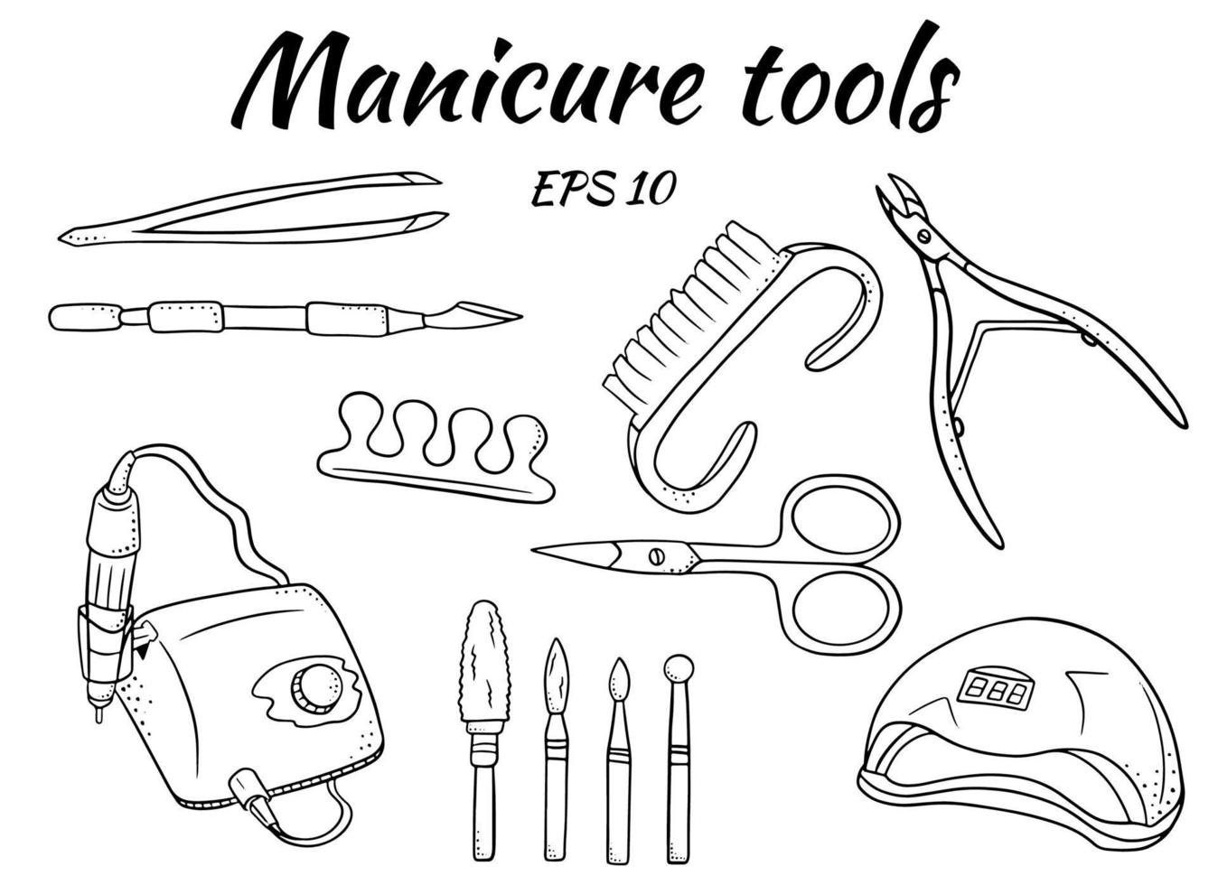 um conjunto de ferramentas de manicure. ferramentas para manicure e pedicure de hardware. aparelhos para manicura, cortadores, lâmpada ultravioleta. vetor