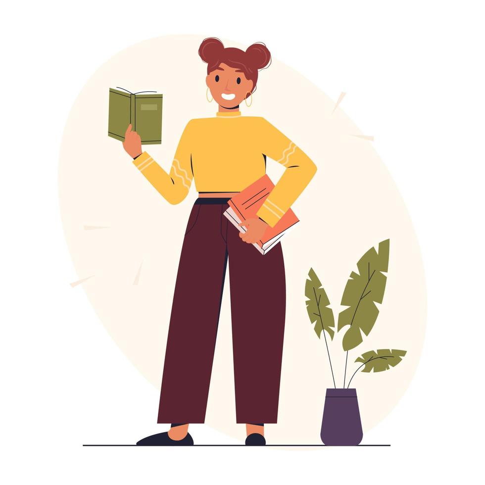 feliz menina aluna com livro. universidade conhecimento, Educação, Ciência pesquisa conceito. leitor ávido estudo, aprendizado. inteligente mulher cientista. plano vetor ilustração isolado em branco fundo.