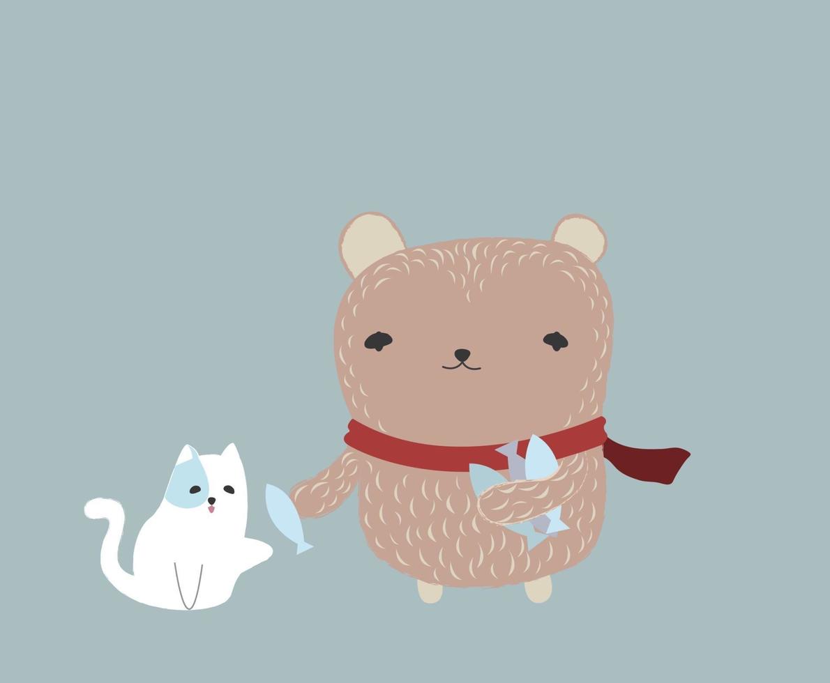 urso e gato compartilham design de vetor de comida