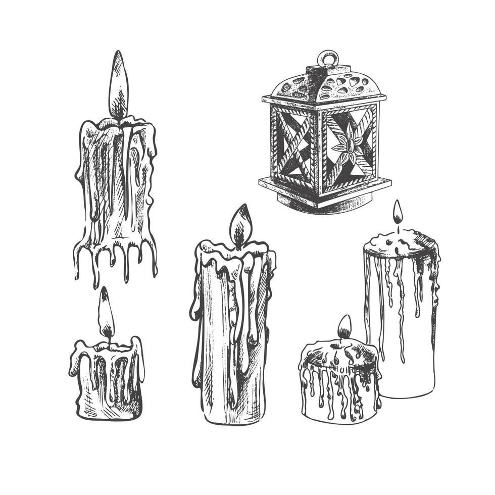 uma desenhado à mão conjunto do queimando velas e a velho lanterna - castiçal. vetor ilustração do a esboço estilo. vintage desenhando para dia das Bruxas ou Natal.