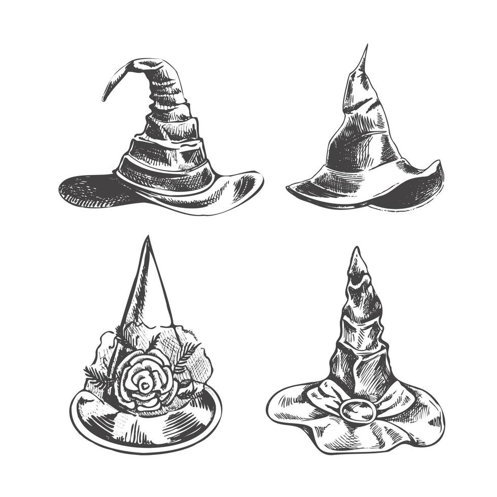 vintage ilustração para dia das Bruxas. uma desenhado à mão esboço do uma de bruxa aguçado chapéu isolado em branco fundo. desenhando definir. vetor ilustração.