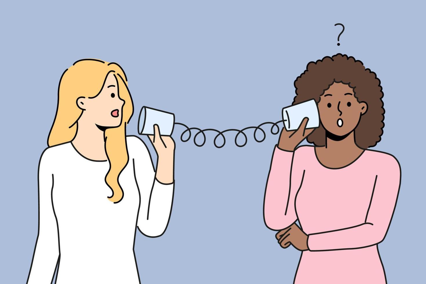 diverso mulheres conversa com lata pode Telefone ter mal-entendido. multirracial amigos falar em feito à mão pode telefone tendo problemas comunicando. vetor ilustração.