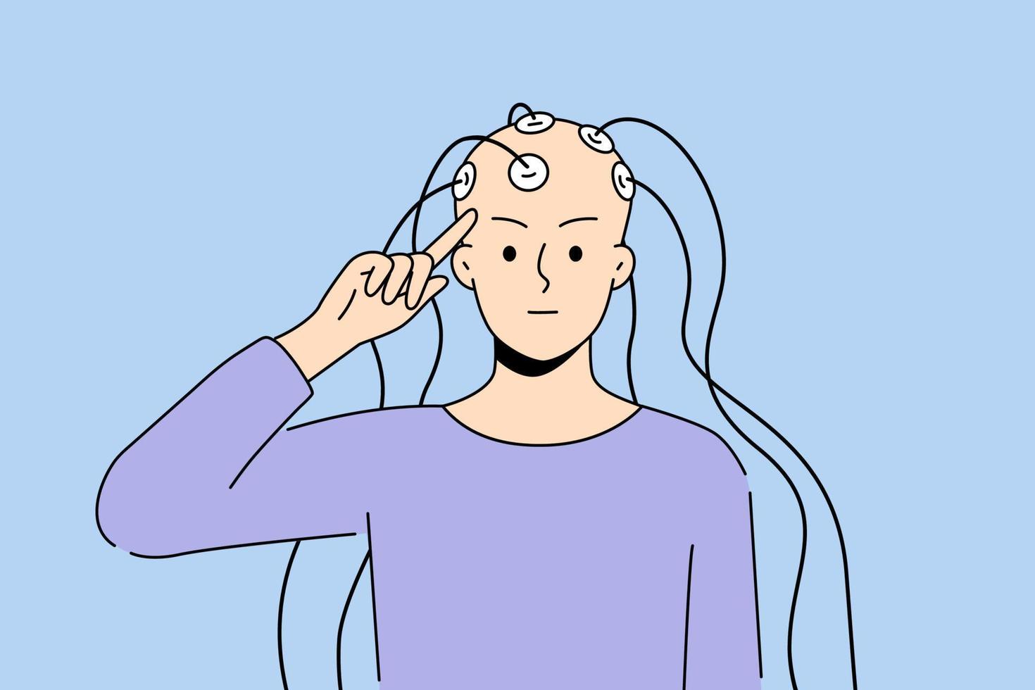 Careca pessoa com eletrodos conectado para cabeça acionado dentro neurociência pesquisar. paciente tendo cérebro teste com por exemplo neurologia e Ciência. vetor ilustração.