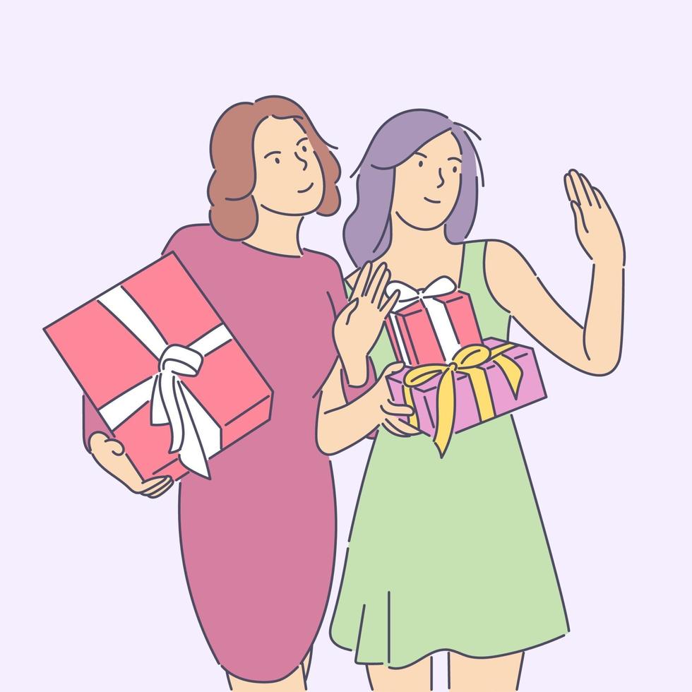 celebração do ano novo, conceito de clima festivo. jovem feliz alegre sorridente animado mulher segurando carregando presentes. ilustração de oferta de presentes de Natal ou aniversário de ano novo. vetor