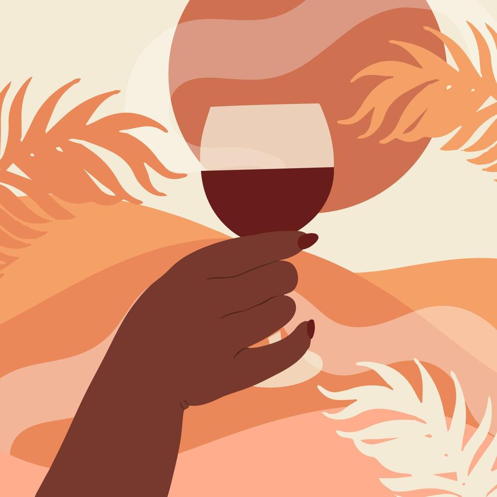 uma vidro do vinho dentro uma mulher mão contra a fundo do uma verão panorama. vetor
