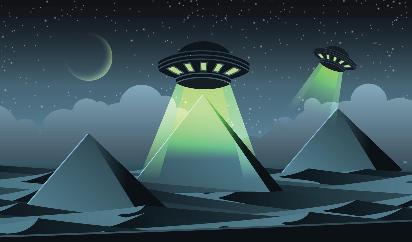 desenho de versão cartoon de ufos voando sobre pirâmides no Egito vetor