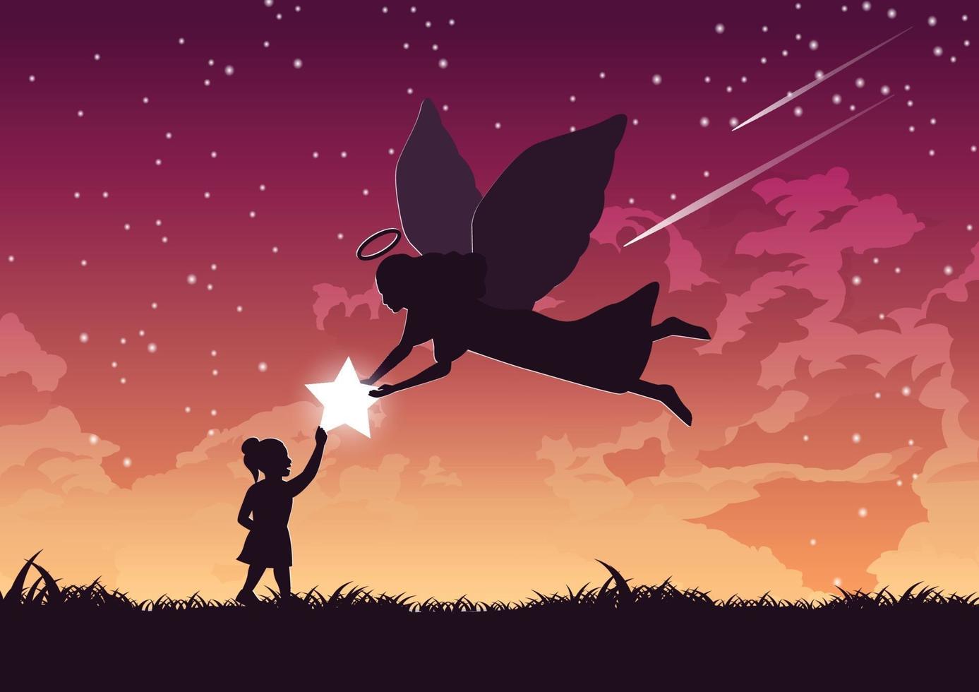 desenho de silhueta de anjo dando estrela para uma garota vetor