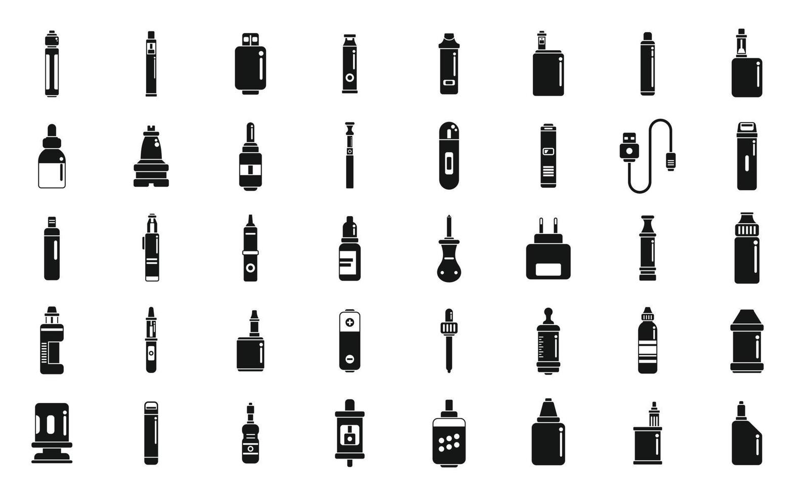 e-cigarro acessórios ícones conjunto simples vetor. líquido vape vetor