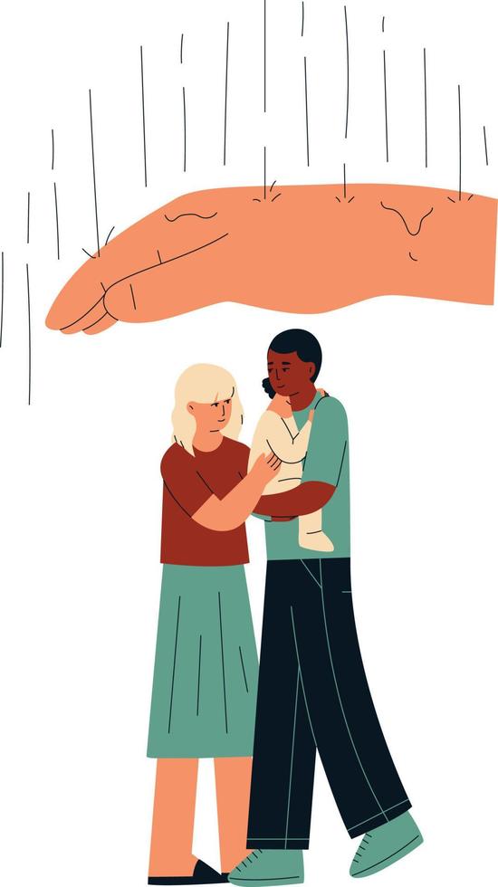 casal debaixo guarda-chuva dentro chuva . homem e mulher abraço cada outro. vetor ilustração dentro plano desenho animado estilo