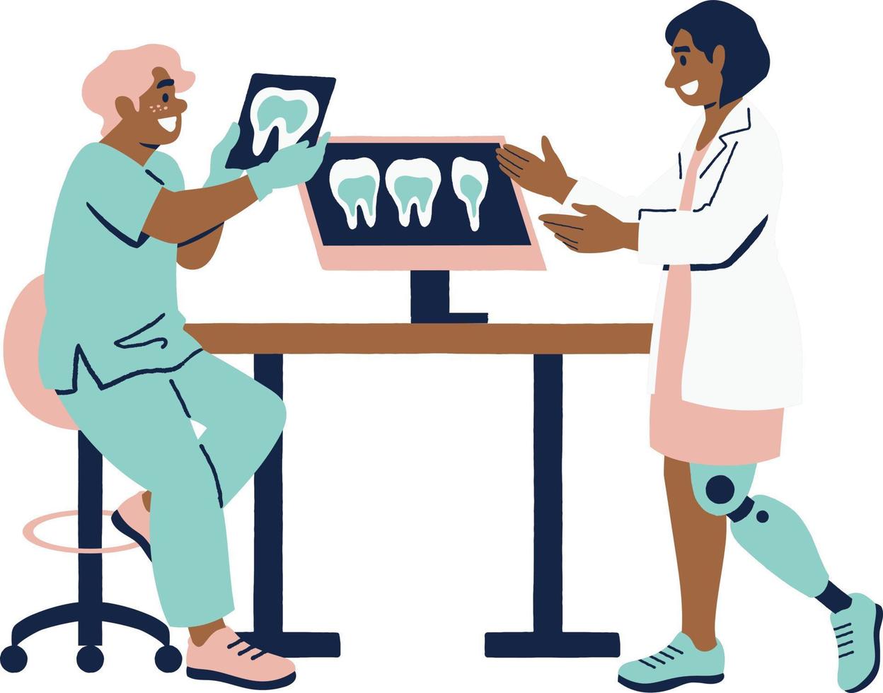 vetor ilustração do a ortopédico cirurgião examinando uma pacientes raio X.