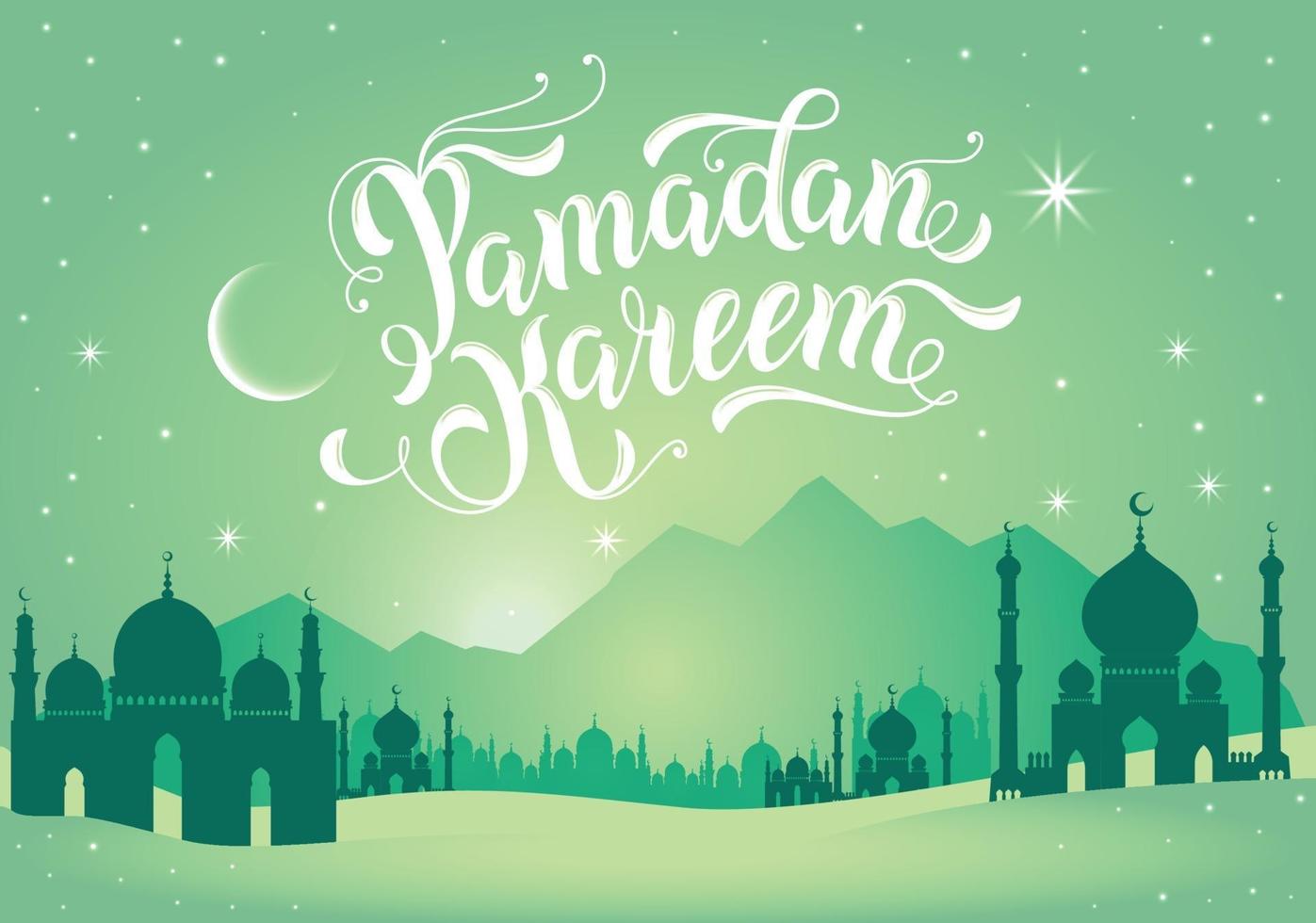 ilustração de ramadan kareem com montanhas e mesquitas em cores verdes. vetor
