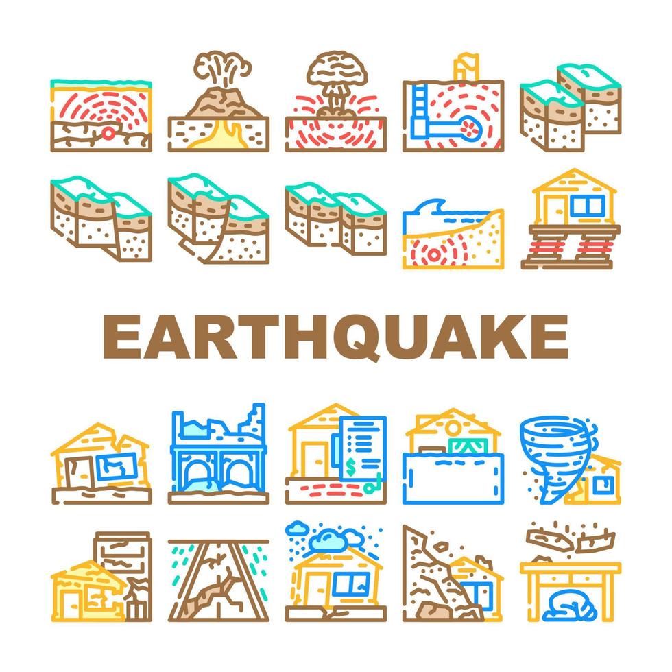 tremor de terra danificar destruição ícones conjunto vetor