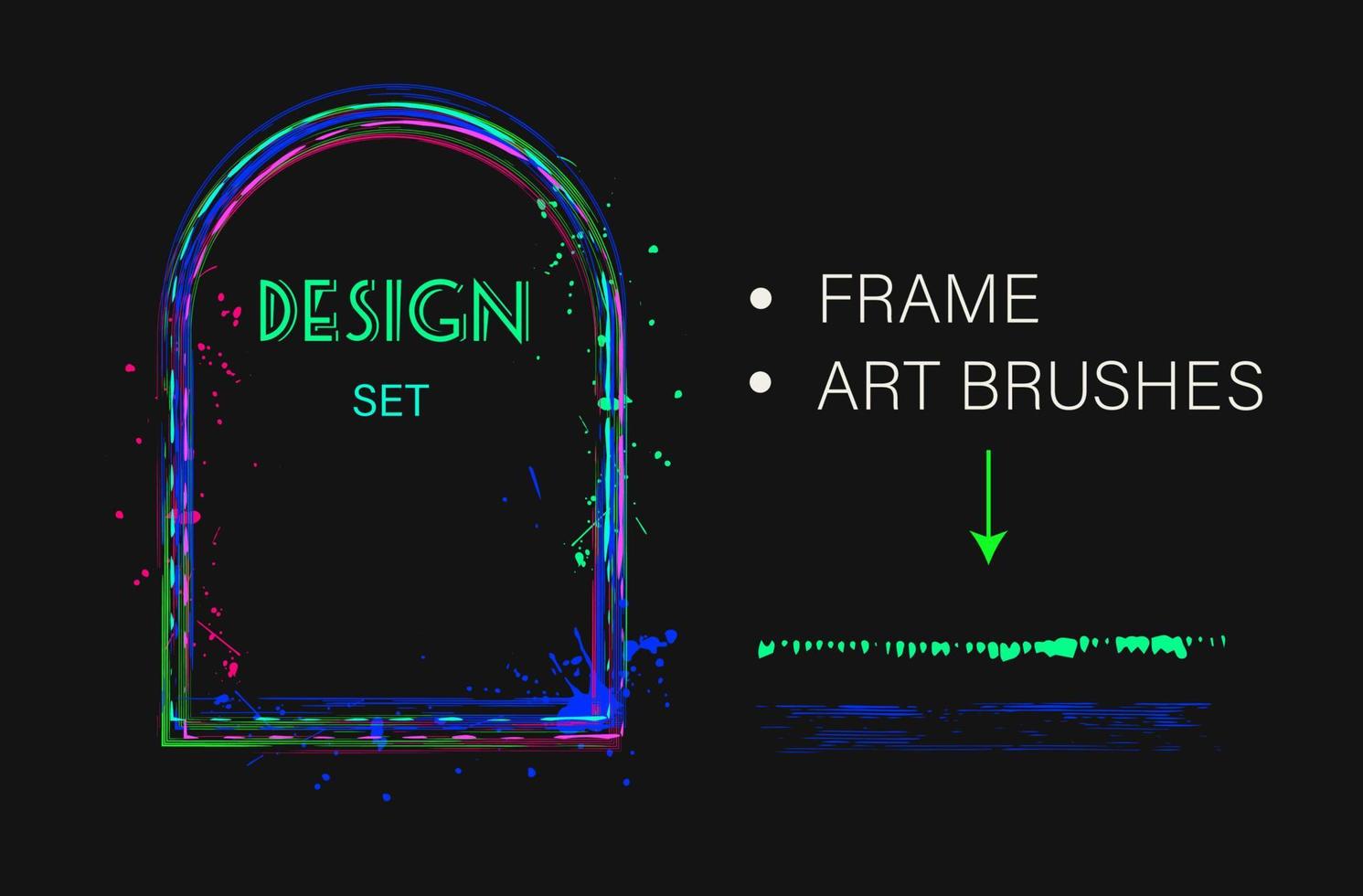 conjunto do Projeto elementos, arco quadro, grunge arte escovar. geométrico forma com cópia de espaço, pintura escova golpes, salpicado pintura do néon brilhante cores. virtual abstrato grampo arte vetor