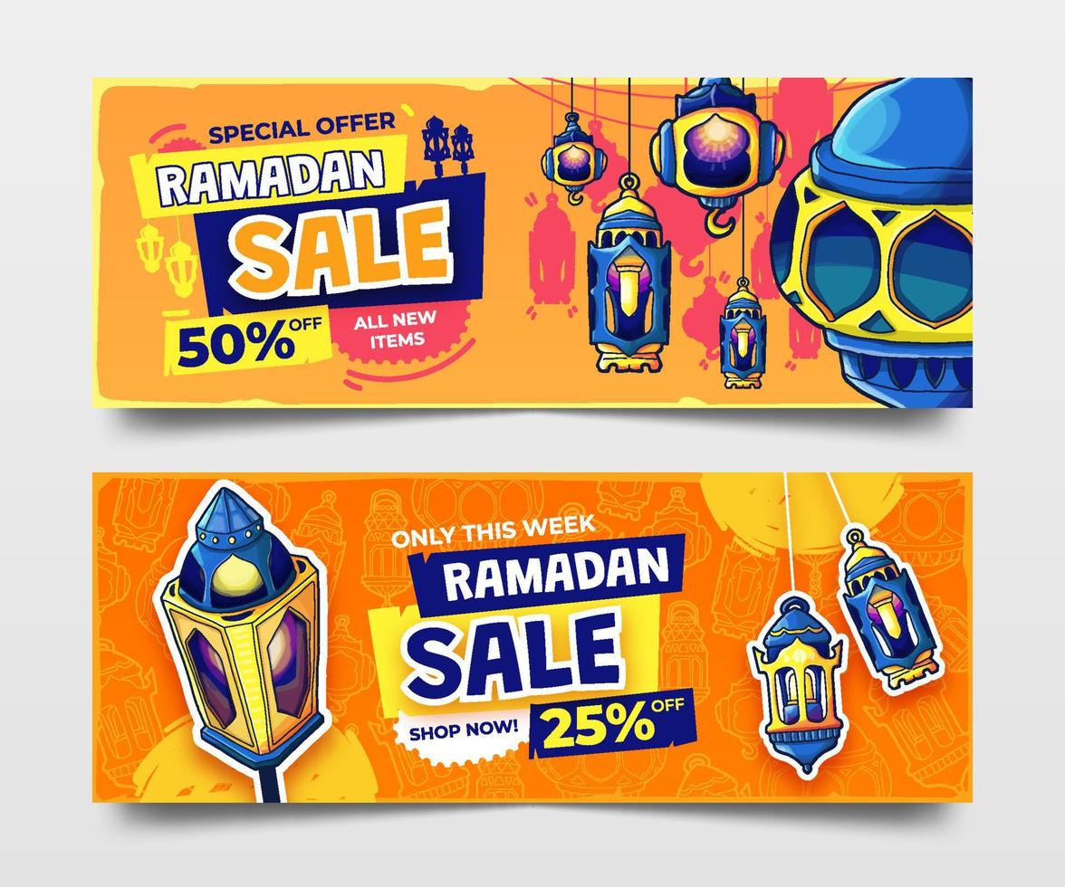 laranja Ramadã venda faixas com mão desenhado lanternas ilustração vetor