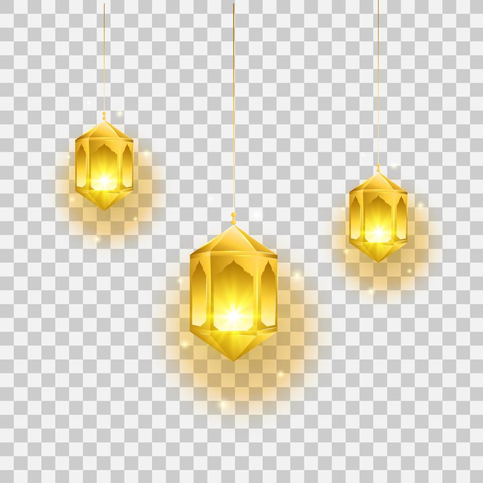 realista ouro islâmico lanterna em transparente fundo. árabe brilhando lâmpada. lindo muçulmano ornamental lâmpadas suspensão em correntes. vetor arte ilustração.