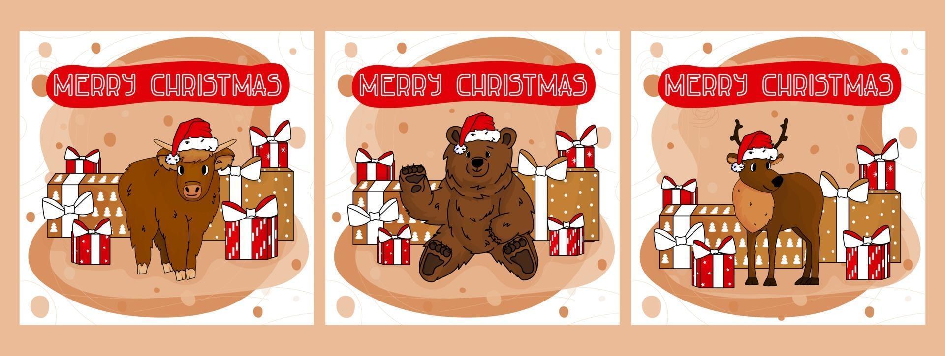 conjunto de cartões fofos para o Natal e o novo ano 2021 do boi dos desenhos animados, veado, urso com presentes de ano novo, chapéus de Papai Noel e texto vermelho do Feliz Natal vetor