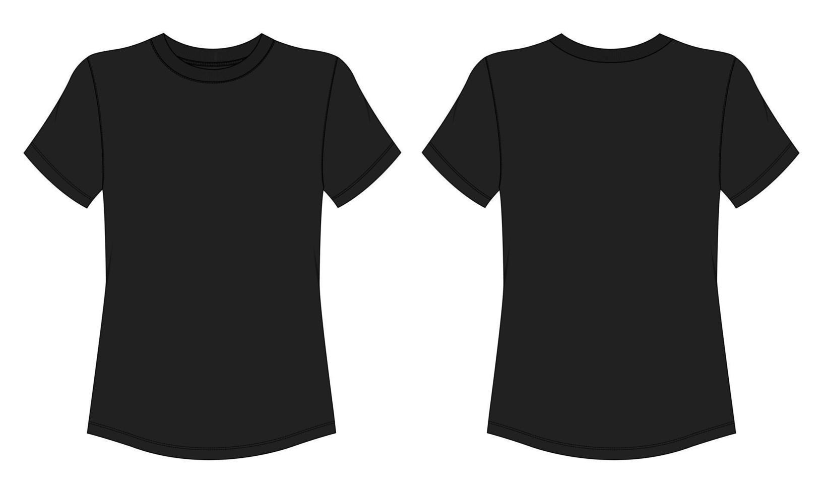 fino em forma curto manga t camisa camisa técnico moda plano esboço vetor ilustração Preto cor modelo frente e costas Visualizações. roupas Projeto zombar acima para senhoras isolado em branco fundo.