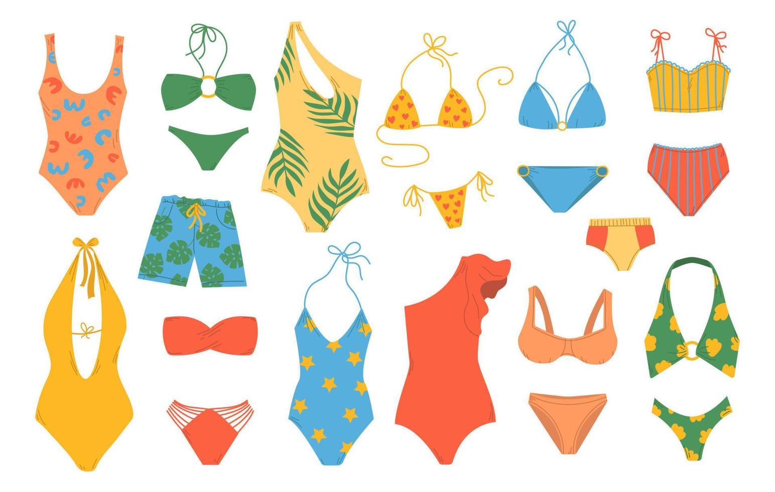 grande conjunto fêmea e masculino de praia roupas. verão roupa de banho, bikini, monokini. à moda moderno roupa de banho Projeto. plano mão desenhado colorida vetor ilustração isolado em branco fundo.