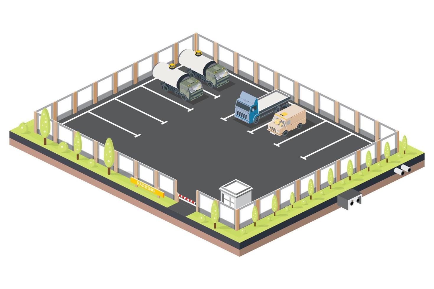 isométrico estacionamento para caminhões e carros. posto de controle com barreira. vetor