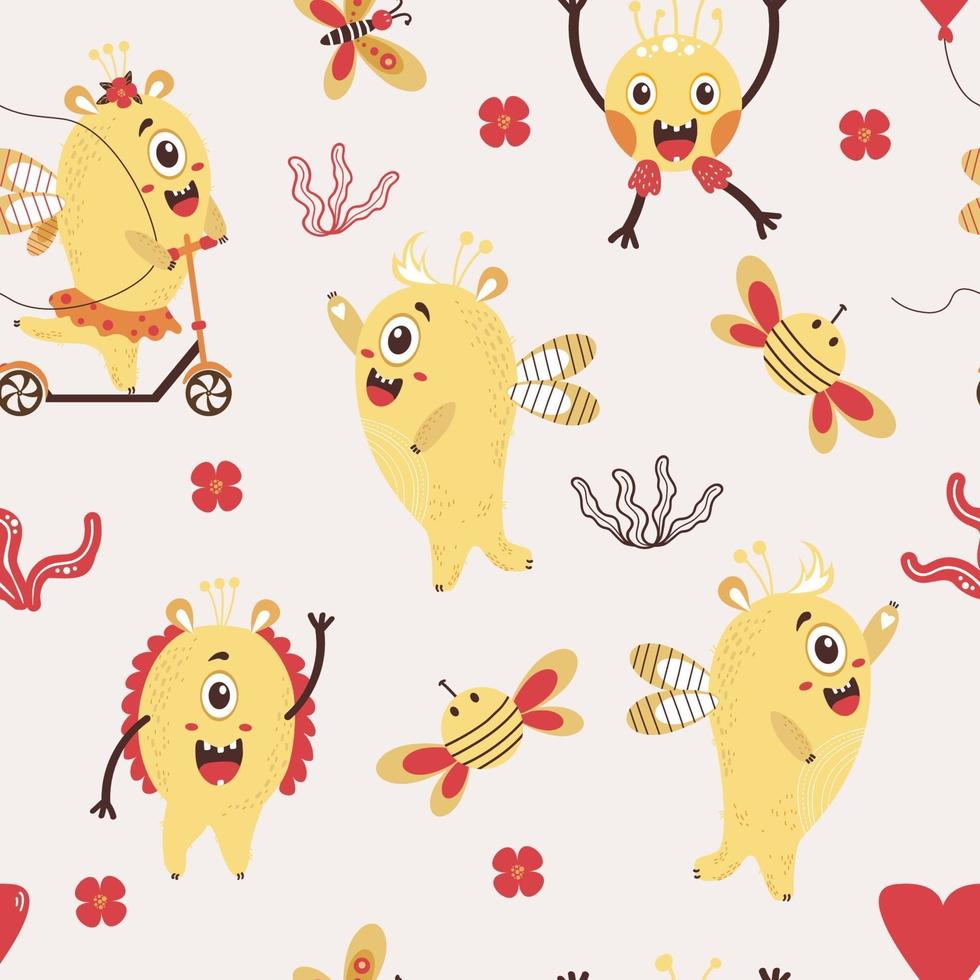 um padrão uniforme com monstros fantásticos. Monstros amarelos bonitos - uma garota em uma scooter e um garoto com um penteado no fundo com borboletas, flores e abelhas. vetor