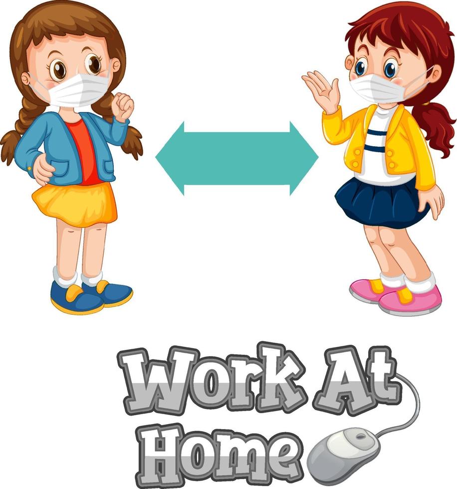 fonte work at home em estilo cartoon com duas crianças mantendo distância social isolada no fundo branco vetor